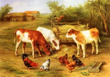 エドガー・ハント Painting - 農場の家禽家畜小屋で餌をやる子牛と鶏 エドガー・ハント